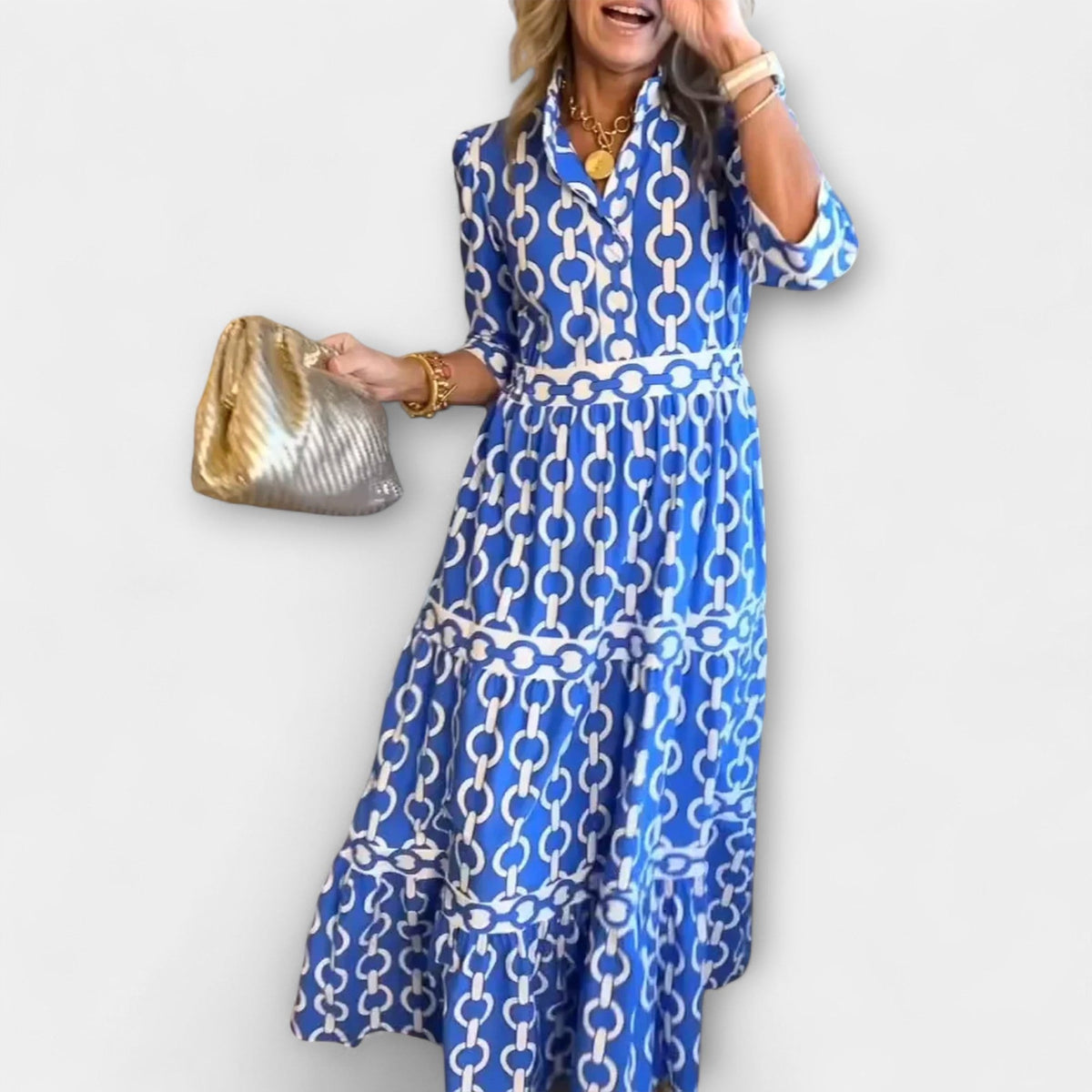 Juliana | Women's Chain Print Midi Dress, Flattering Summer Dress for Holidays and Everyday Wear, Flattering Summer Dress for Holidays and Everyday Wear - Blue