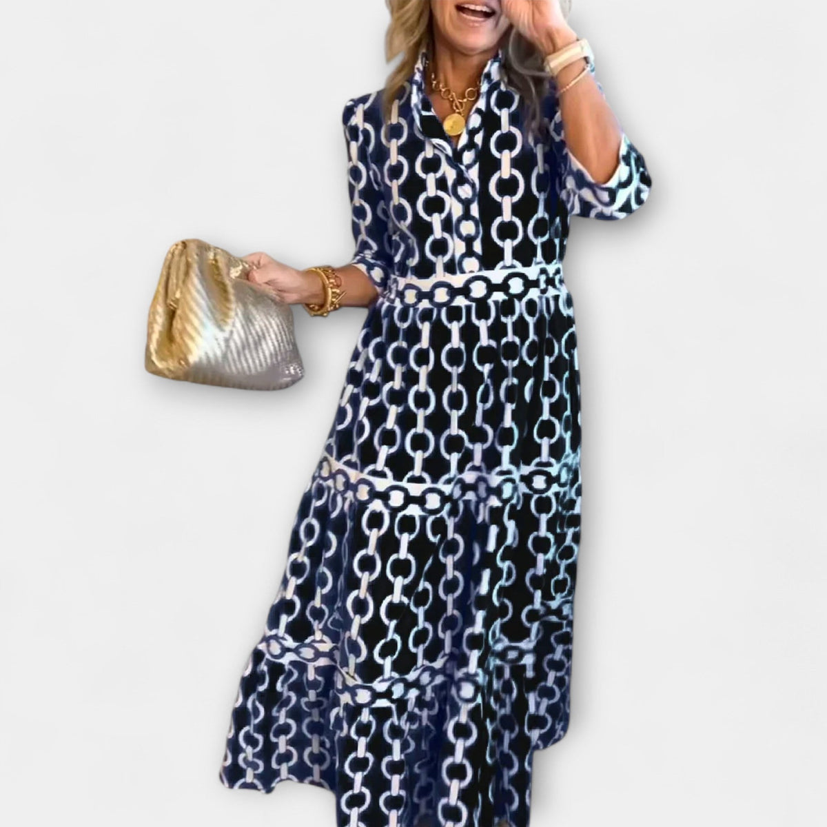 Juliana | Women's Chain Print Midi Dress, Flattering Summer Dress for Holidays and Everyday Wear, Flattering Summer Dress for Holidays and Everyday Wear - Black