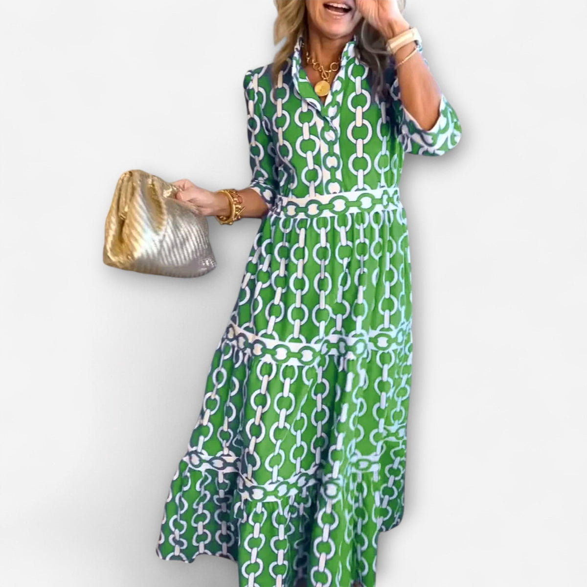Juliana | Women's Chain Print Midi Dress, Flattering Summer Dress for Holidays and Everyday Wear, Flattering Summer Dress for Holidays and Everyday Wear - Green