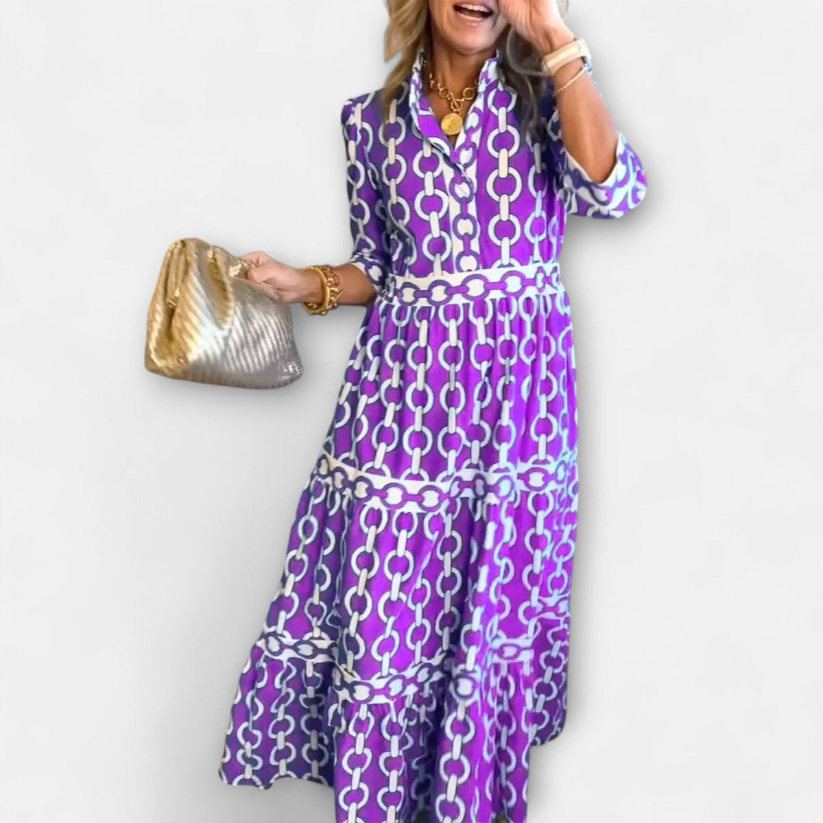 Juliana | Women's Chain Print Midi Dress, Flattering Summer Dress for Holidays and Everyday Wear, Flattering Summer Dress for Holidays and Everyday Wear - Purple