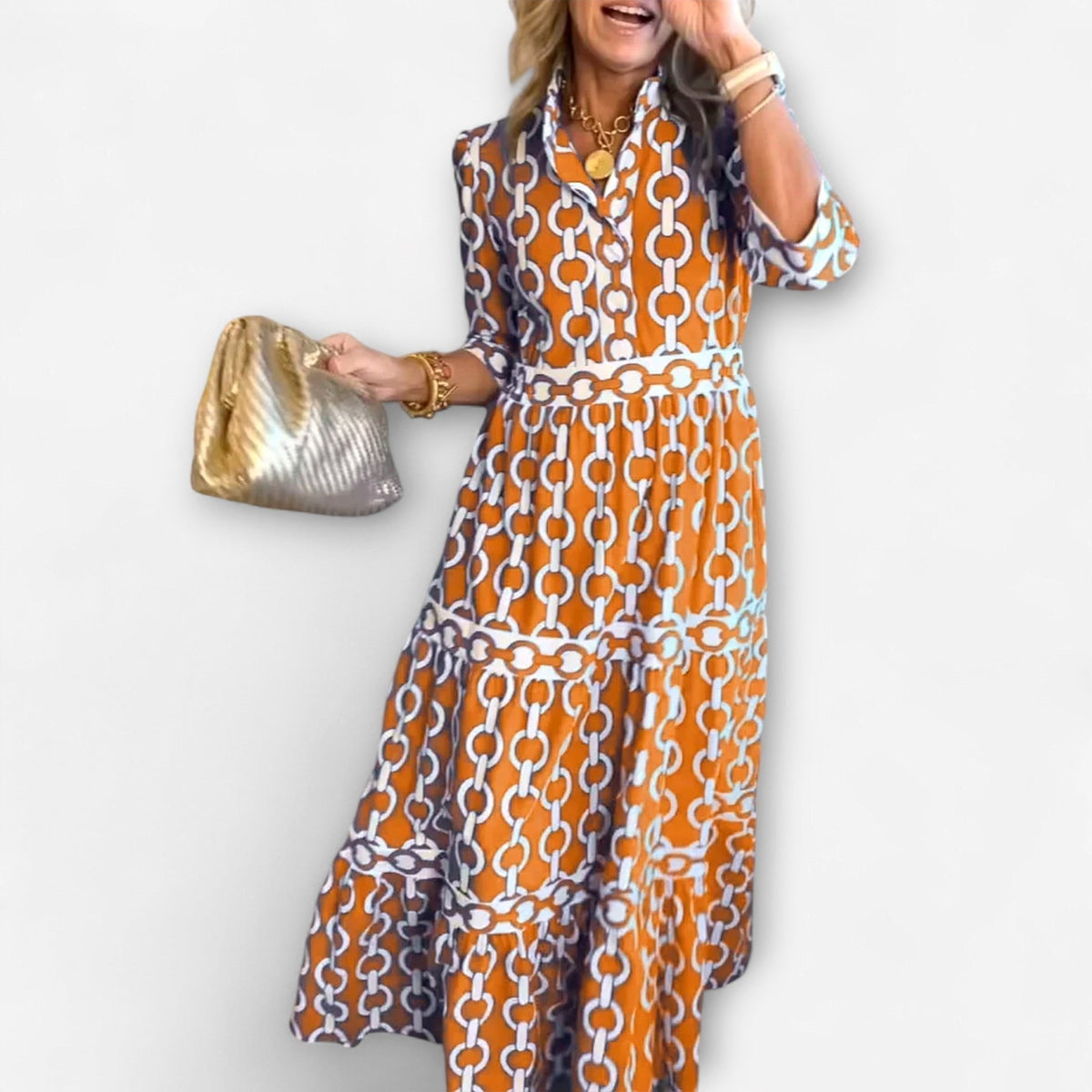 Juliana | Women's Chain Print Midi Dress, Flattering Summer Dress for Holidays and Everyday Wear, Flattering Summer Dress for Holidays and Everyday Wear - Orange