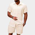 Kai | Men's Short Sleeve Jacquard Two-Piece Set, Textured Woven Lounge Set | Direct Attire | Beige