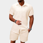 Kai | Men's Short Sleeve Jacquard Two-Piece Set, Textured Woven Lounge Set | Direct Attire | Beige