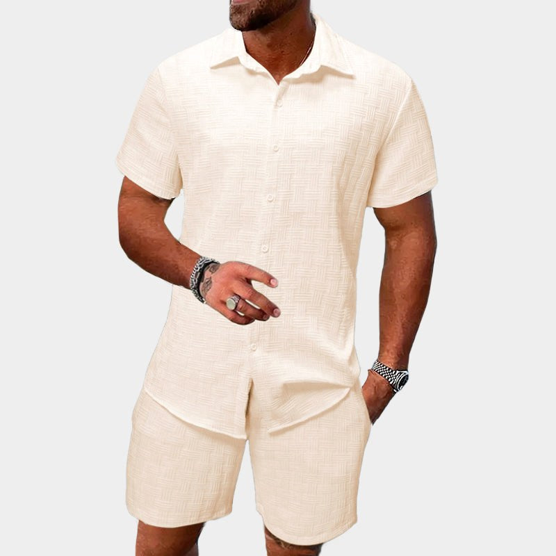 Kai | Men's Short Sleeve Jacquard Two-Piece Set, Textured Woven Lounge Set | Direct Attire | Beige