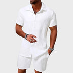 Kai | Men's Short Sleeve Jacquard Two-Piece Set, Textured Woven Lounge Set | Direct Attire | White