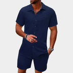Kai | Men's Short Sleeve Jacquard Two-Piece Set, Textured Woven Lounge Set | Direct Attire | Blue