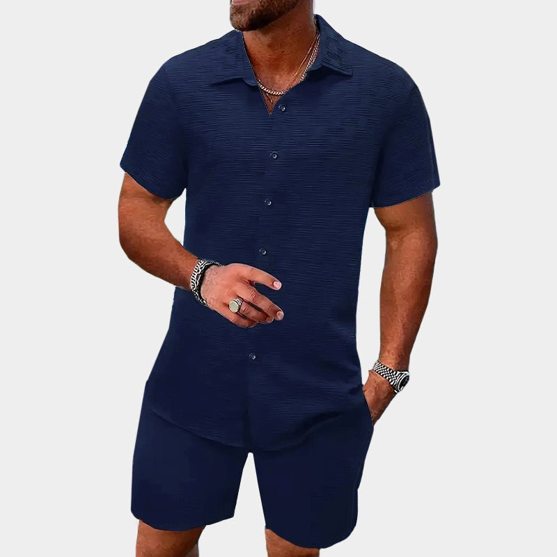 Kai | Men's Short Sleeve Jacquard Two-Piece Set, Textured Woven Lounge Set | Direct Attire | Blue