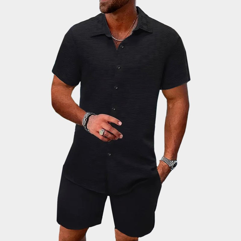 Kai | Men's Short Sleeve Jacquard Two-Piece Set, Textured Woven Lounge Set | Direct Attire | Black