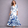 Kara | Women's Mid-Sleeve Maxi Dress, Flowing Floral Maxi Dress | Direct Attire | White/Blue