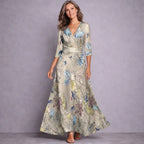 Kara | Women's Mid-Sleeve Maxi Dress, Flowing Floral Maxi Dress | Direct Attire | Sand/Beige
