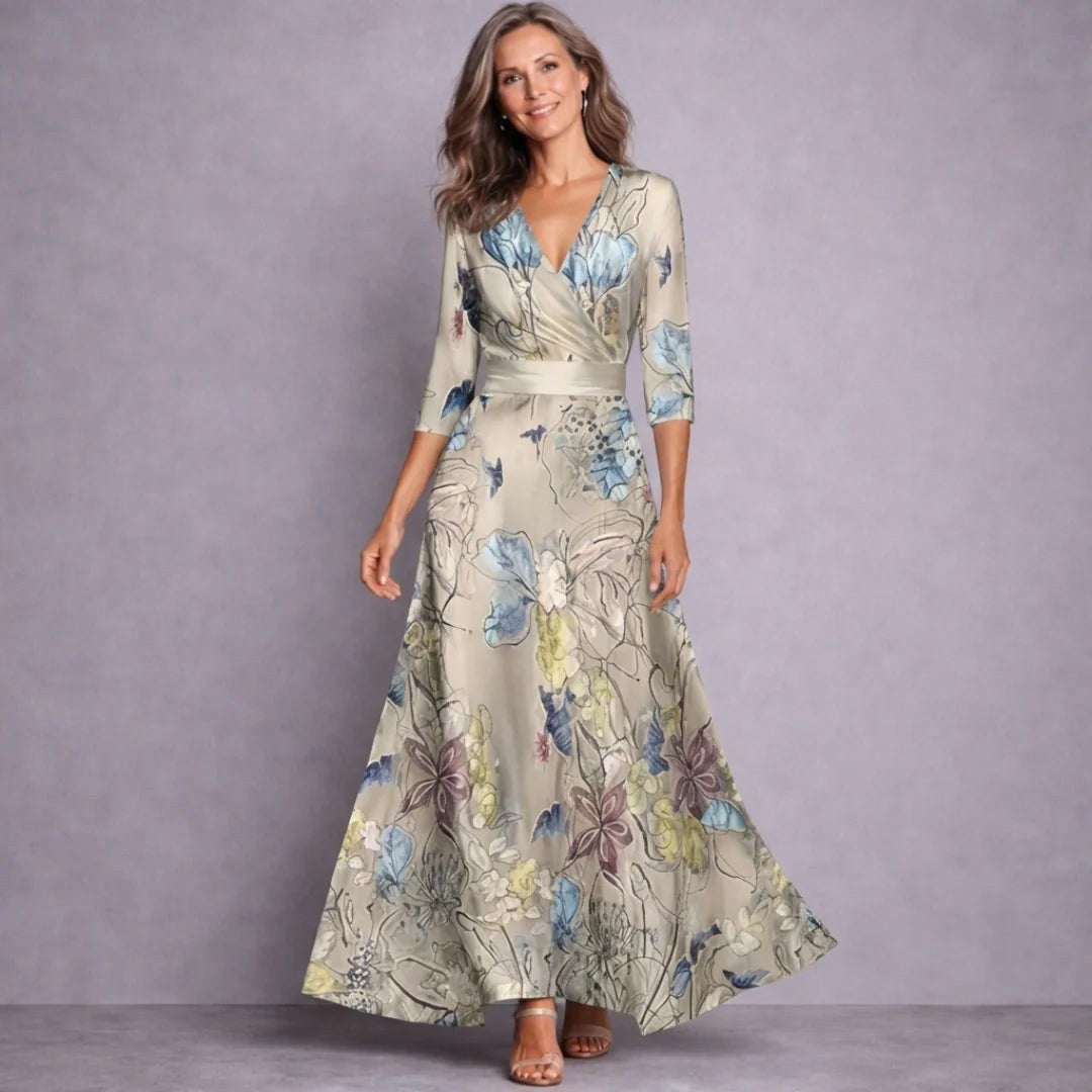 Kara | Women's Mid-Sleeve Maxi Dress, Flowing Floral Maxi Dress | Direct Attire | Sand/Beige