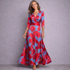 Kara | Women's Mid-Sleeve Maxi Dress, Flowing Floral Maxi Dress | Direct Attire | Red/Blue