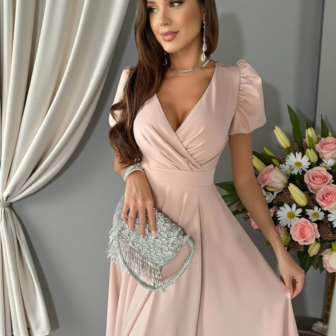 Kara | Women's V-Neck Midi Dress with Puffed Sleeves, Occasion Midi Dress | Direct Attire