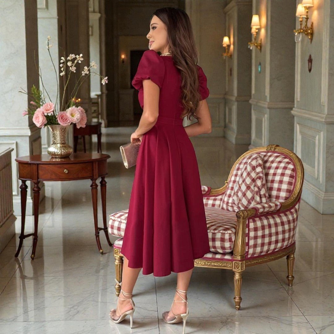 Kara | Women's V-Neck Midi Dress with Puffed Sleeves, Occasion Midi Dress | Direct Attire