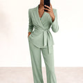 Karly | Women's Knit Belt Two-Piece Set, Wide-Leg Trouser Suit | Direct Attire | Green