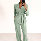Karly | Women's Knit Belt Two-Piece Set, Wide-Leg Trouser Suit | Direct Attire | Green