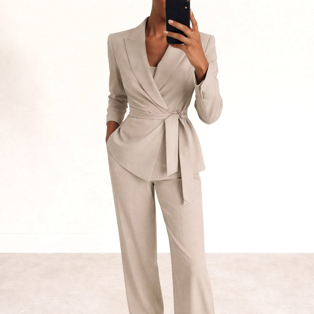 Karly | Women's Knit Belt Two-Piece Set, Wide-Leg Trouser Suit | Direct Attire | Beige