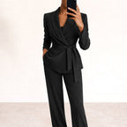 Karly | Women's Knit Belt Two-Piece Set, Wide-Leg Trouser Suit | Direct Attire | Black
