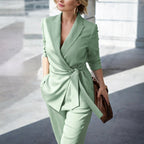 Karly | Women's Knit Belt Two-Piece Set, Wide-Leg Trouser Suit | Direct Attire