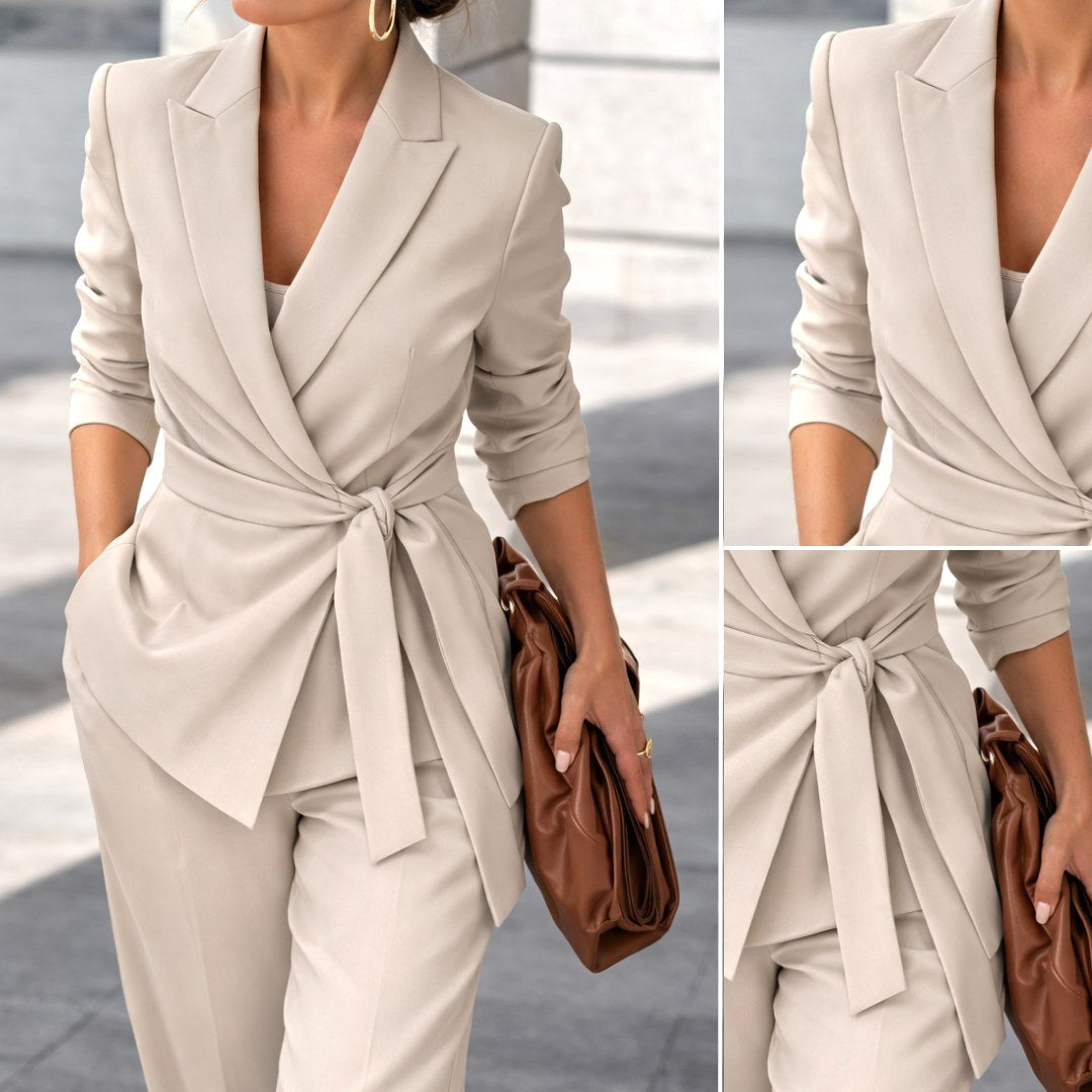 Karly | Women's Knit Belt Two-Piece Set, Wide-Leg Trouser Suit | Direct Attire