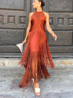 Keira | Women's Halter-Neck Maxi Dress with Fringe Detail, Tassel Occasion Dress | Direct Attire | Naranja