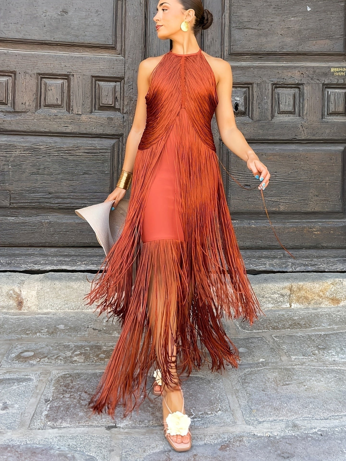 Keira | Women's Halter-Neck Maxi Dress with Fringe Detail, Tassel Occasion Dress | Direct Attire | Naranja