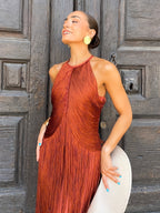 Keira | Women's Halter-Neck Maxi Dress with Fringe Detail, Tassel Occasion Dress | Direct Attire | Verde
