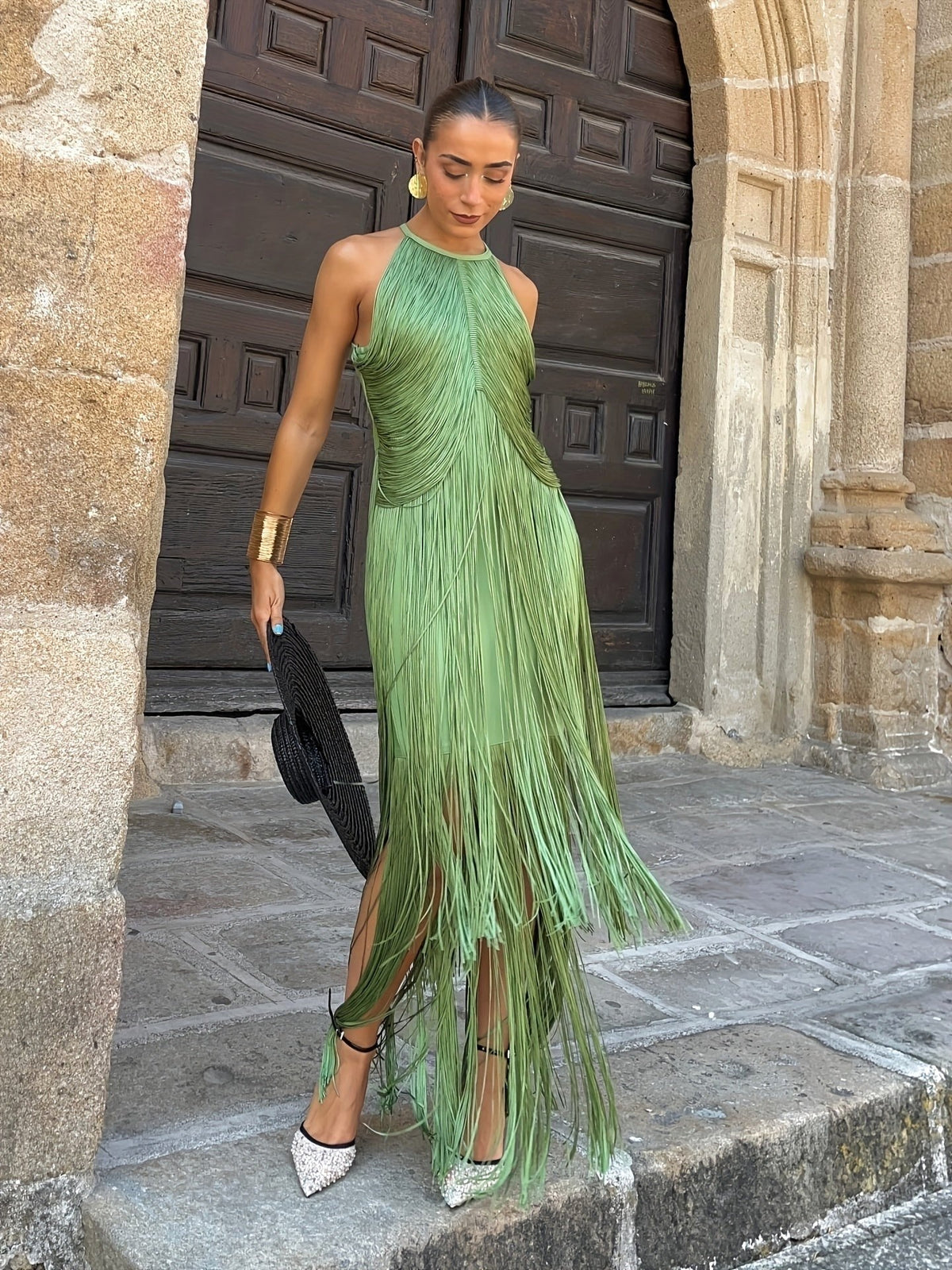 Keira | Women's Halter-Neck Maxi Dress with Fringe Detail, Tassel Occasion Dress | Direct Attire