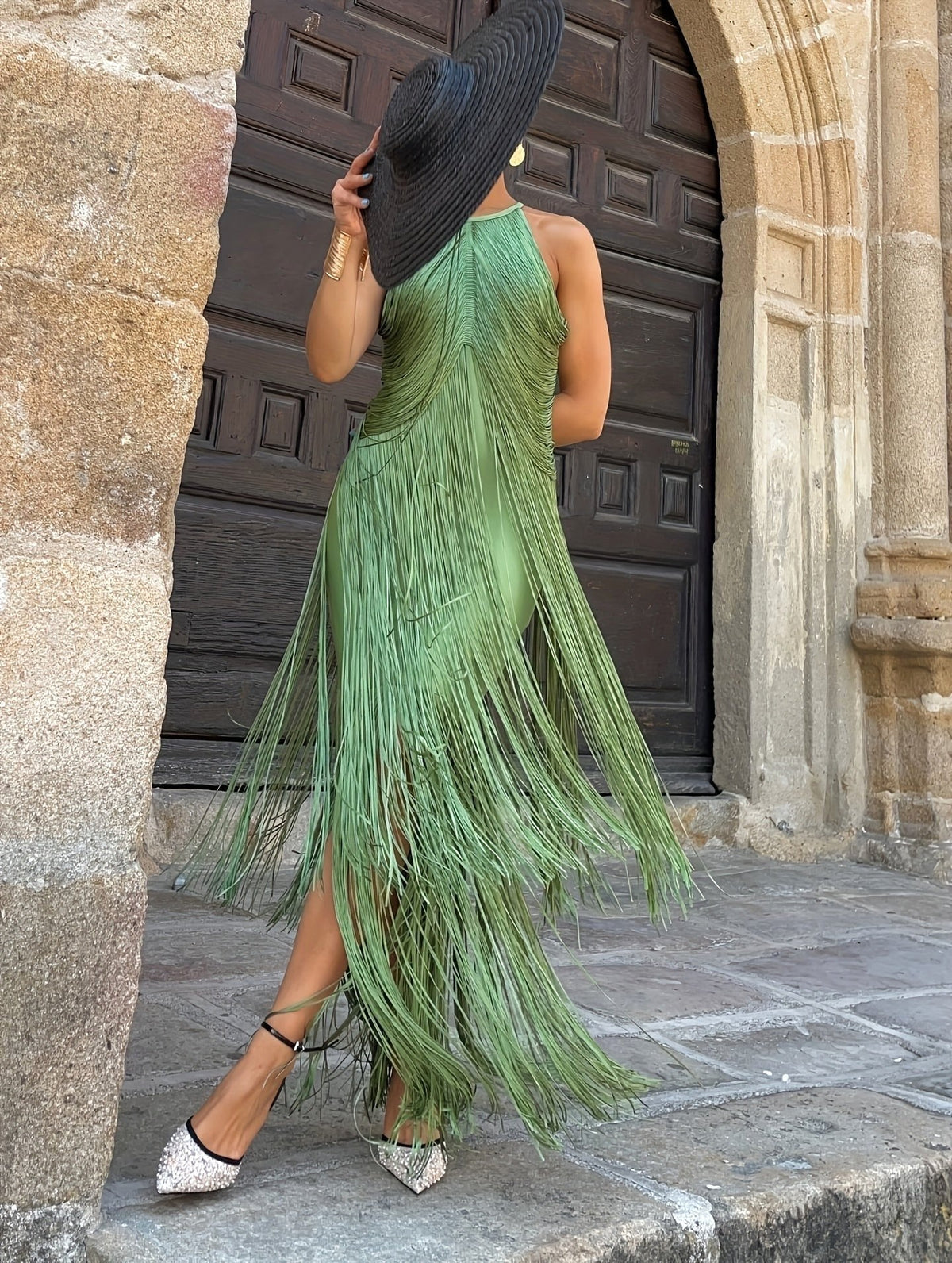 Keira | Women's Halter-Neck Maxi Dress with Fringe Detail, Tassel Occasion Dress | Direct Attire
