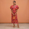 Kelsey | Women's V-Neckline Dress with Puffed Sleeves, Elegant Day Dress | Direct Attire | Naranja/Violeta