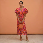 Kelsey | Women's V-Neckline Dress with Puffed Sleeves, Elegant Day Dress | Direct Attire | Naranja/Violeta