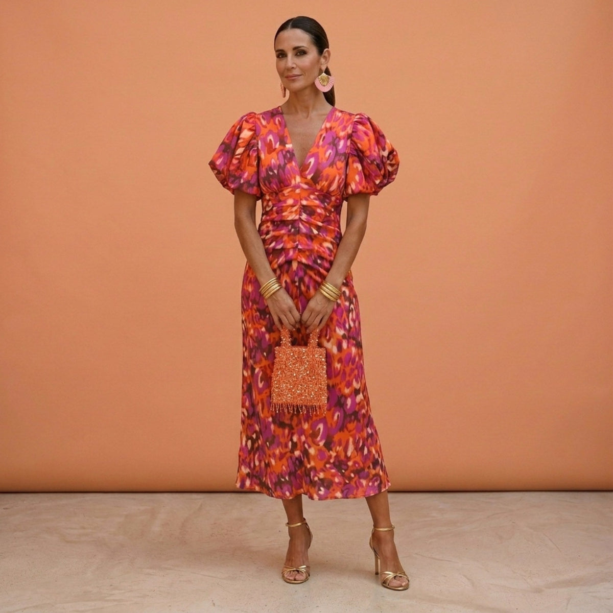 Kelsey | Women's V-Neckline Dress with Puffed Sleeves, Elegant Day Dress | Direct Attire | Naranja/Violeta