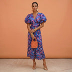 Kelsey | Women's V-Neckline Dress with Puffed Sleeves, Elegant Day Dress | Direct Attire | Violeta/Azul