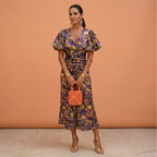 Kelsey | Women's V-Neckline Dress with Puffed Sleeves, Elegant Day Dress | Direct Attire | Verde/Violeta