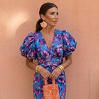 Kelsey | Women's V-Neckline Dress with Puffed Sleeves, Elegant Day Dress | Direct Attire