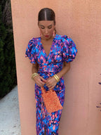 Kelsey | Women's V-Neckline Dress with Puffed Sleeves, Elegant Day Dress | Direct Attire