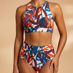 Kinsley | Women's Tropical Print High-Neck Bikini Set, Flattering Summer Swimwear for Holidays and Beach Days, Flattering Summer Swimwear for Holidays and Beach Days - Brown