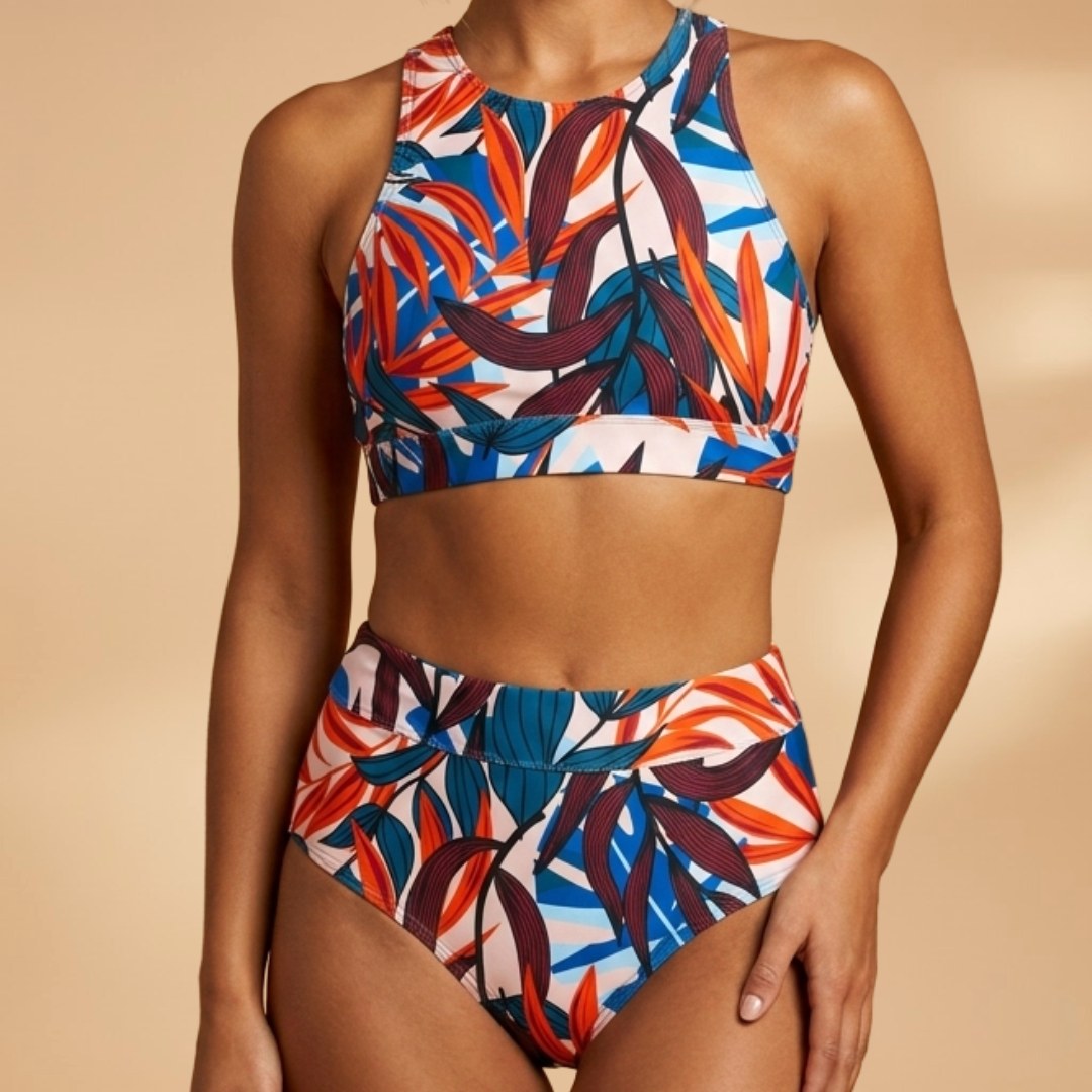 Kinsley | Women's Tropical Print High-Neck Bikini Set, Flattering Summer Swimwear for Holidays and Beach Days, Flattering Summer Swimwear for Holidays and Beach Days - Brown