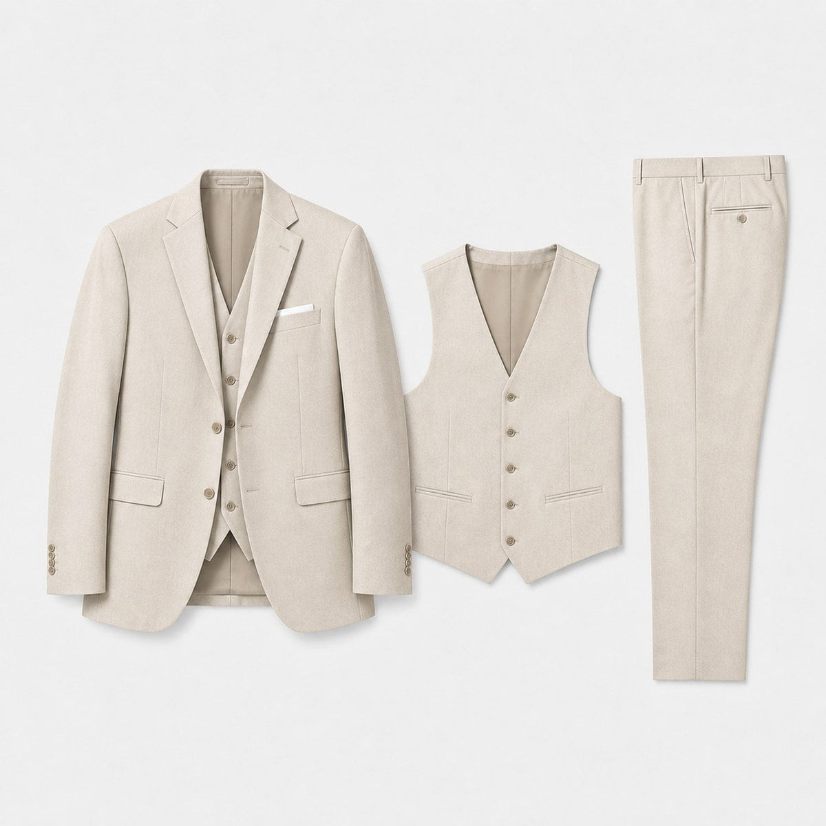 Kye | Men's Linen Three-Piece Suit with Waistcoat, Tailored Trouser Suit | Direct Attire | Beige