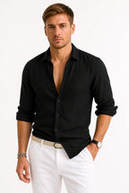 Lachie | Men's Linen Button-Down Shirt, Rolled Sleeve Oxford Shirt | Direct Attire | Black