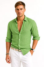 Lachie | Men's Linen Button-Down Shirt, Rolled Sleeve Oxford Shirt | Direct Attire | Green