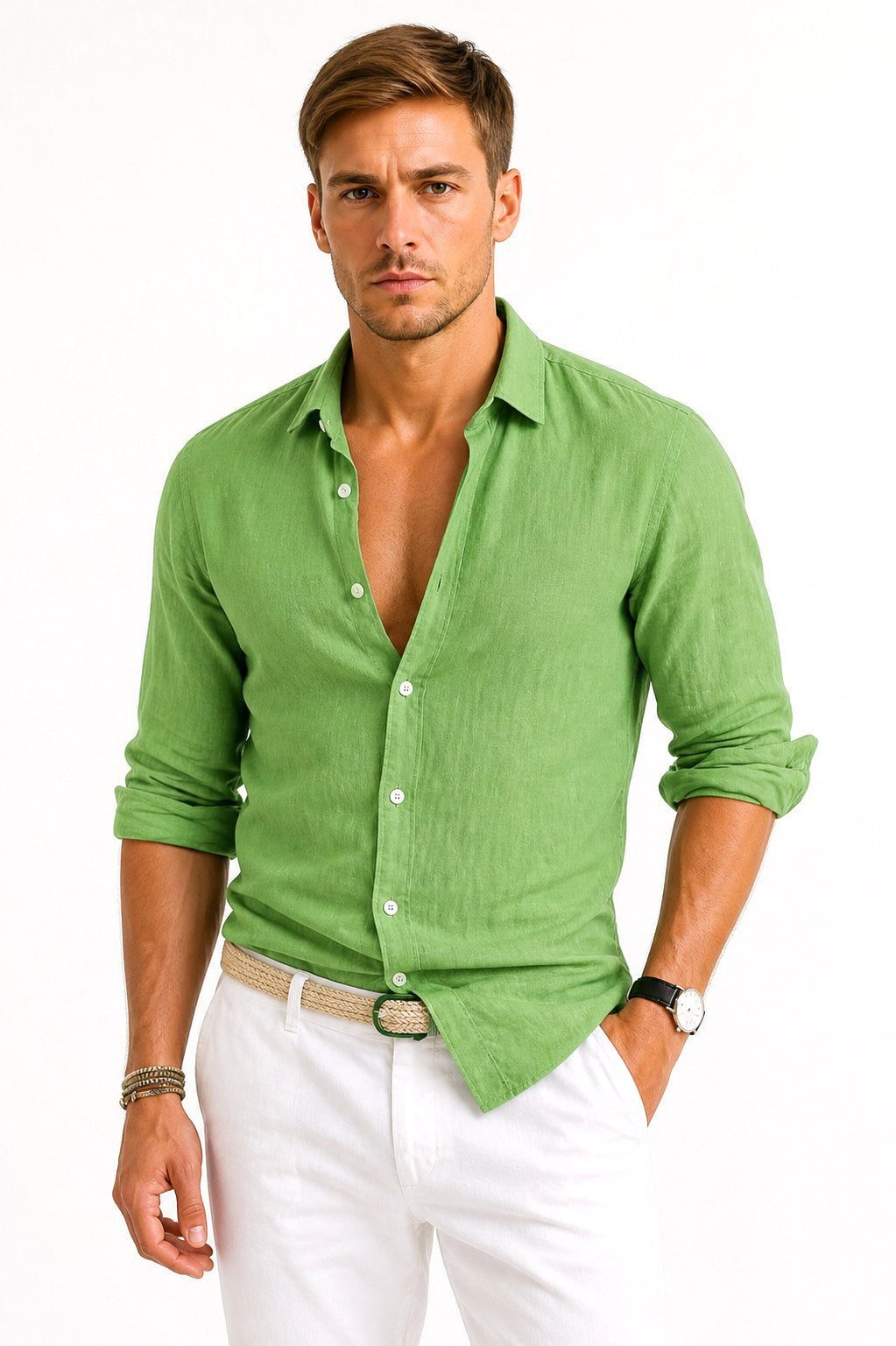 Lachie | Men's Linen Button-Down Shirt, Rolled Sleeve Oxford Shirt | Direct Attire | Green