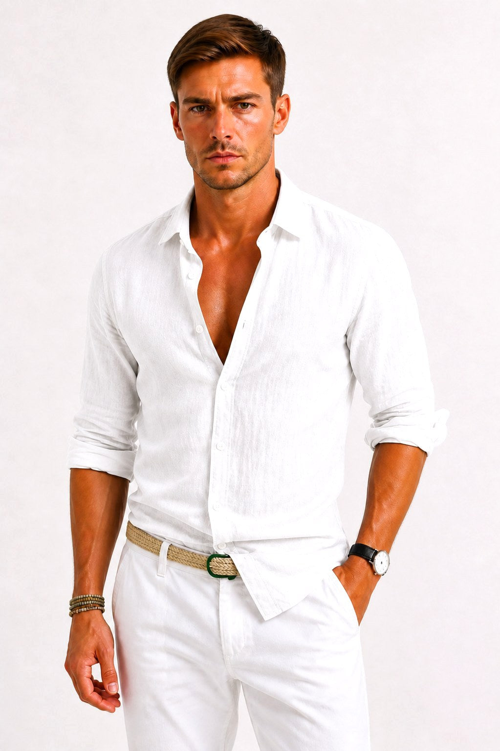 Lachie | Men's Linen Button-Down Shirt, Rolled Sleeve Oxford Shirt | Direct Attire | White