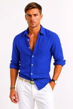 Lachie | Men's Linen Button-Down Shirt, Rolled Sleeve Oxford Shirt | Direct Attire | Beige