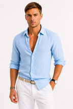 Lachie | Men's Linen Button-Down Shirt, Rolled Sleeve Oxford Shirt | Direct Attire | Pink
