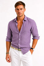 Lachie | Men's Linen Button-Down Shirt, Rolled Sleeve Oxford Shirt | Direct Attire | Blue