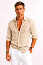 Lachie | Men's Linen Button-Down Shirt, Rolled Sleeve Oxford Shirt | Direct Attire | Light Blue
