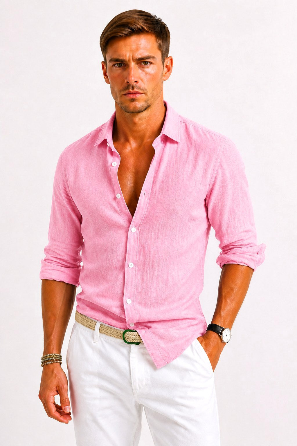Lachie | Men's Linen Button-Down Shirt, Rolled Sleeve Oxford Shirt | Direct Attire | Purple
