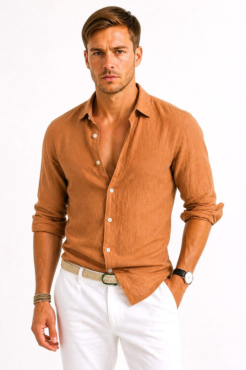 Lachie | Men's Linen Button-Down Shirt, Rolled Sleeve Oxford Shirt | Direct Attire | Brown