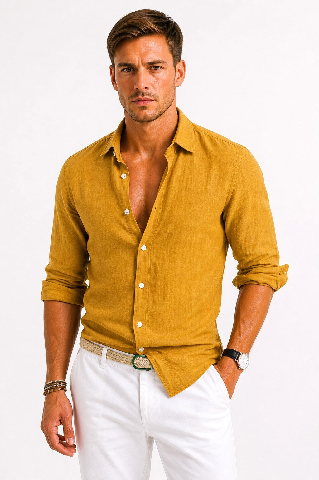 Lachie | Men's Linen Button-Down Shirt, Rolled Sleeve Oxford Shirt | Direct Attire | Mustard